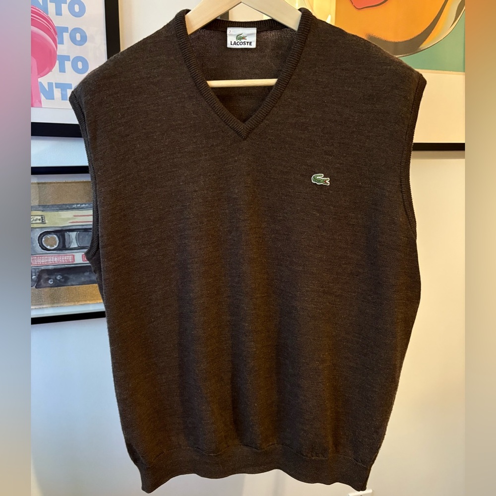 Lacoste Classic V-Neck Knit Sweater Vest Pure Virgin Wool Chocolate Brown Size 7
